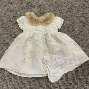 Charming Ivory and Gold Jacquard Kids Dress with Faux Fur Accent
